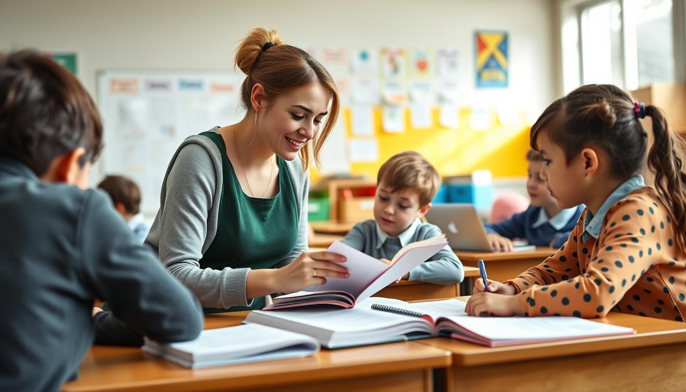 Students studying together in modern classroom